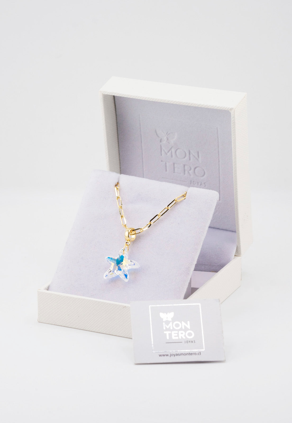 Collar Chiara Estrella Baño Oro Blanco Cristal Genuino Aurora Boreal